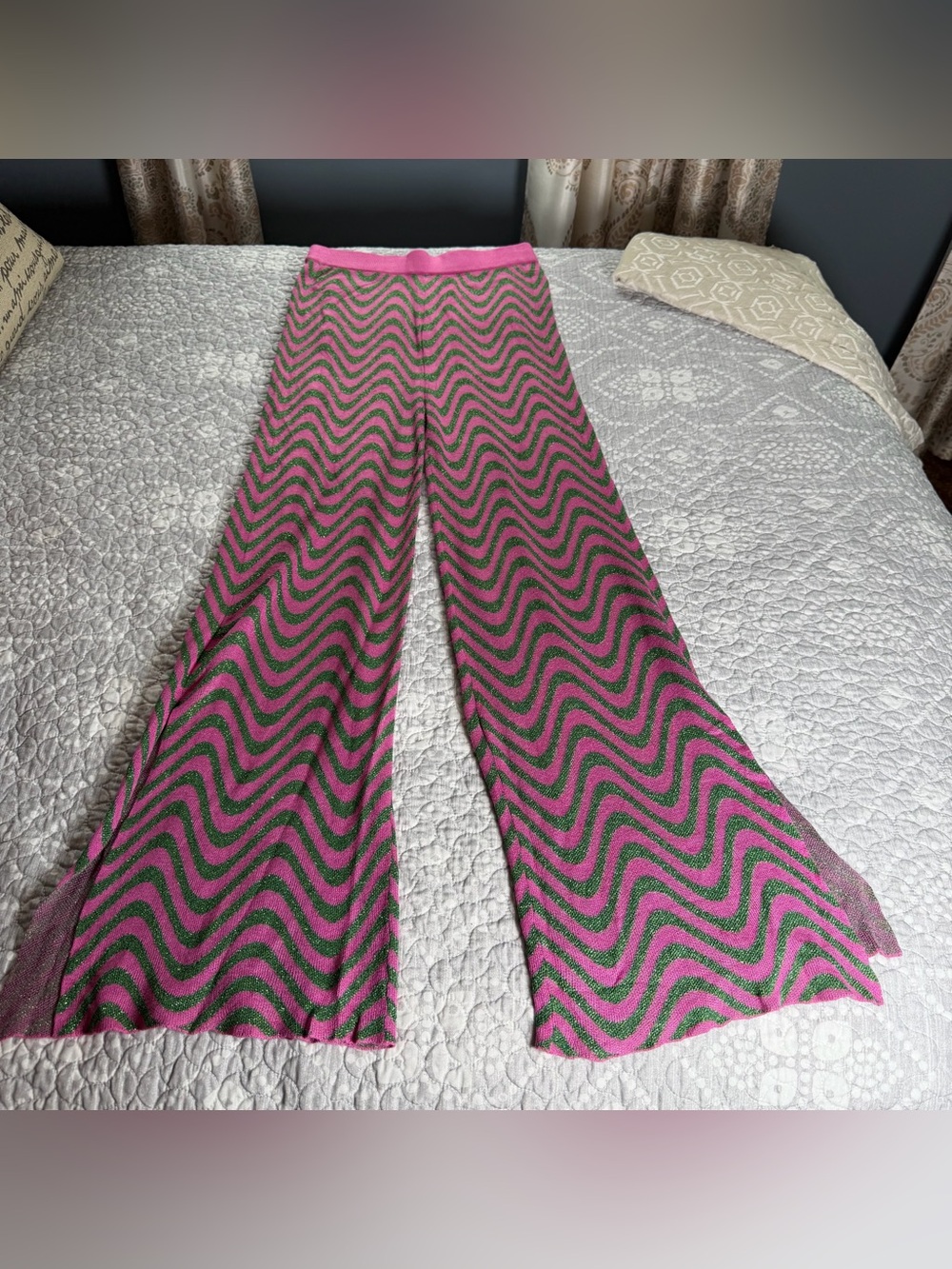 Urban Outfitters Pink and Green Wave Knit Flare Pants. Women’s size large.